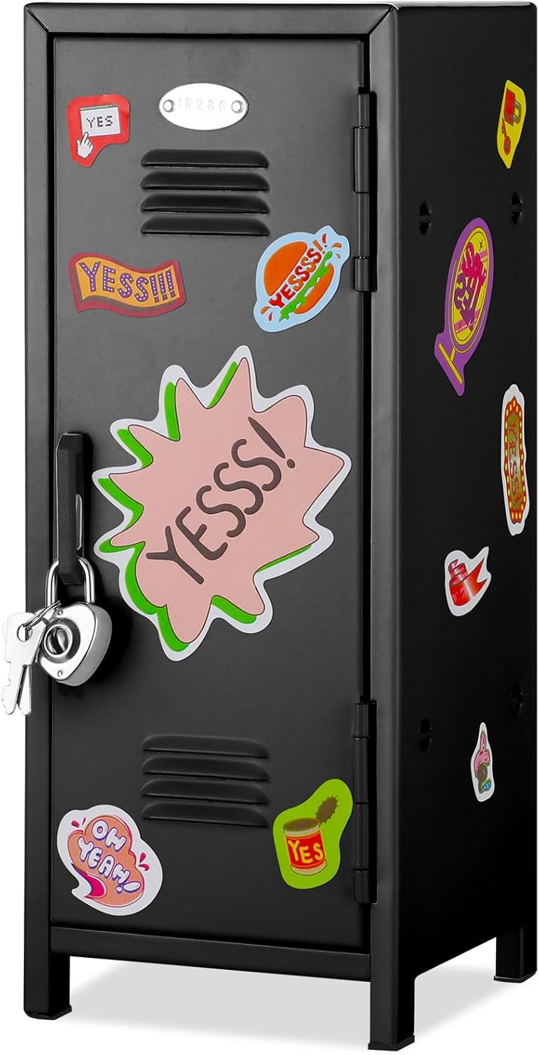 Vercraft Mini Locker with Lock Keys Stickers 10.8inch Small Storage Locker Desk Locker Metal Small Locker Miniature Storage Locker Functional Safe Metal Locker for Desktop Bedroom Home Office (Black) - Image 1